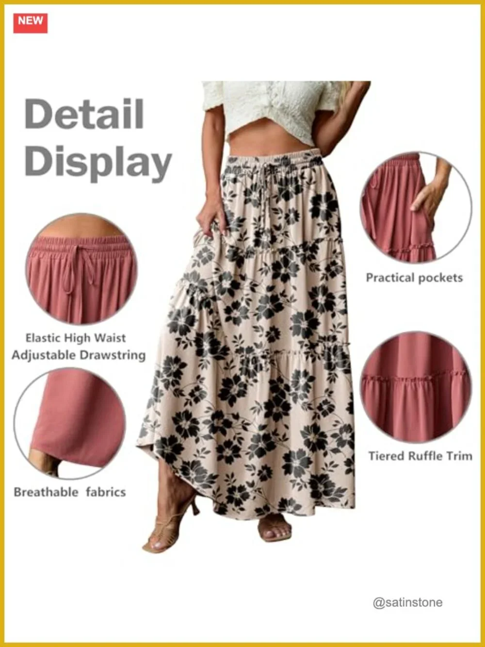 Women's High Waisted Boho Floral Tiered Maxi Skirt with Pockets